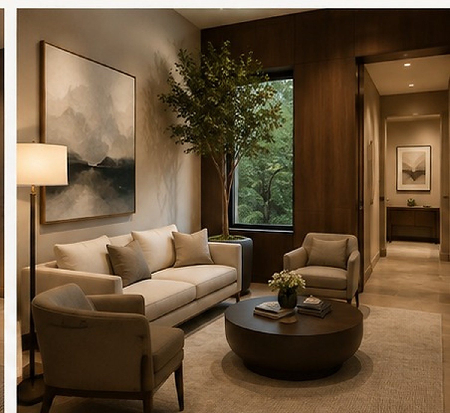 Warm refined concierge lounge interior